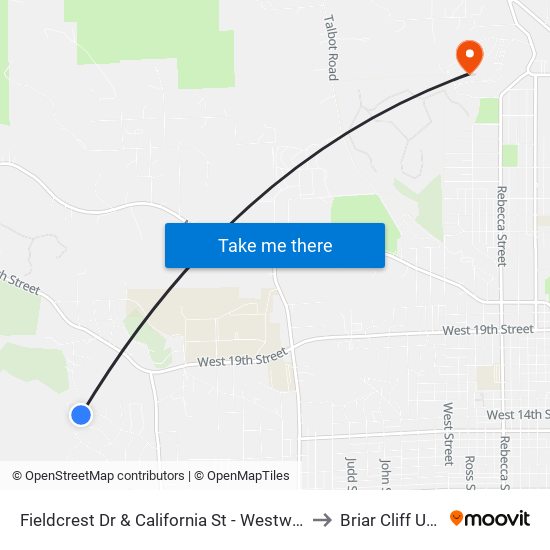 Fieldcrest Dr & California St - Westwood Nursing Home to Briar Cliff University map