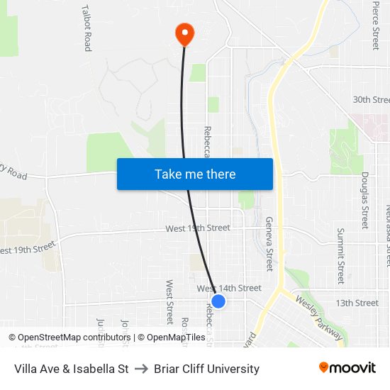 Villa Ave & Isabella St to Briar Cliff University map