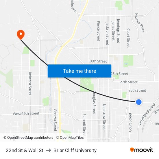 22nd St & Wall St to Briar Cliff University map