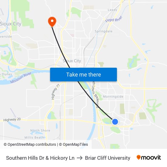 Southern Hills Dr & Hickory Ln to Briar Cliff University map