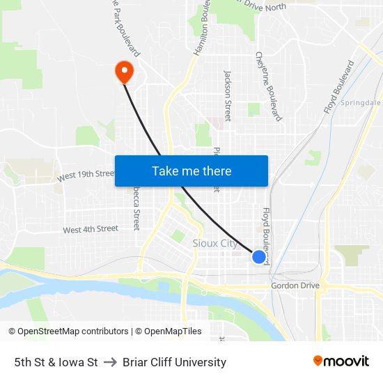 5th St & Iowa St to Briar Cliff University map