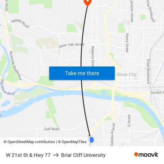 W 21st St & Hwy 77 to Briar Cliff University map