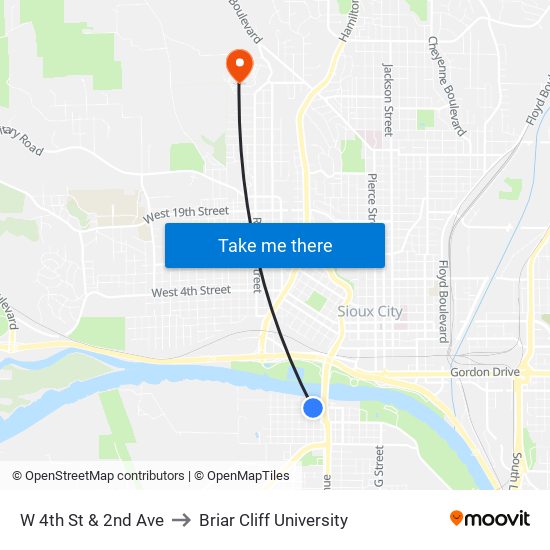 W 4th St & 2nd Ave to Briar Cliff University map