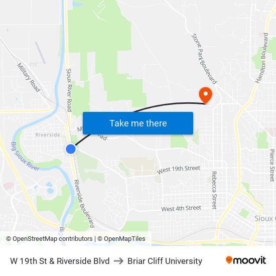 W 19th St & Riverside Blvd to Briar Cliff University map