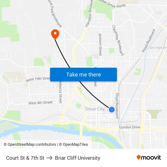 Court St & 7th St to Briar Cliff University map