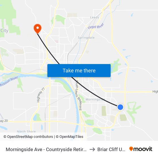 Morningside Ave - Countryside Retirement Community to Briar Cliff University map