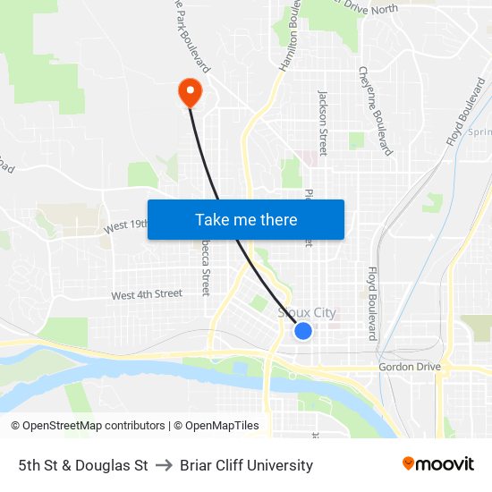 5th St & Douglas St to Briar Cliff University map