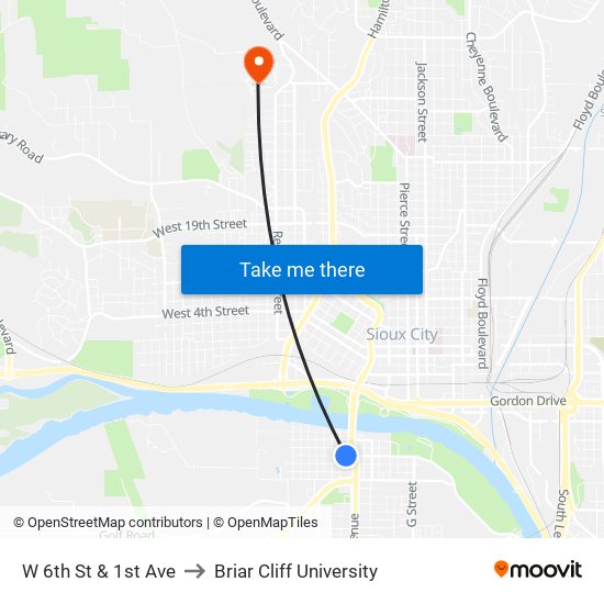 W 6th St & 1st Ave to Briar Cliff University map