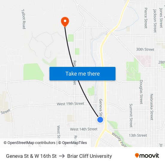 Geneva St & W 16th St to Briar Cliff University map