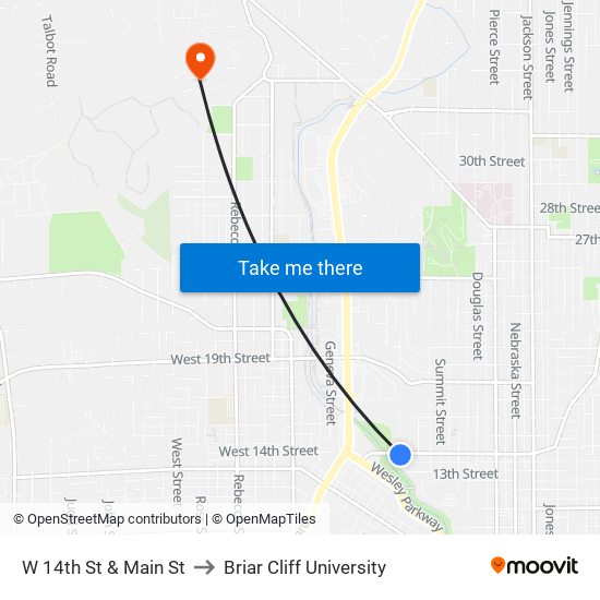 W 14th St & Main St to Briar Cliff University map