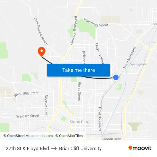 27th St & Floyd Blvd to Briar Cliff University map