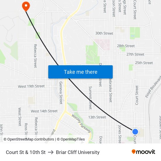 Court St & 10th St to Briar Cliff University map