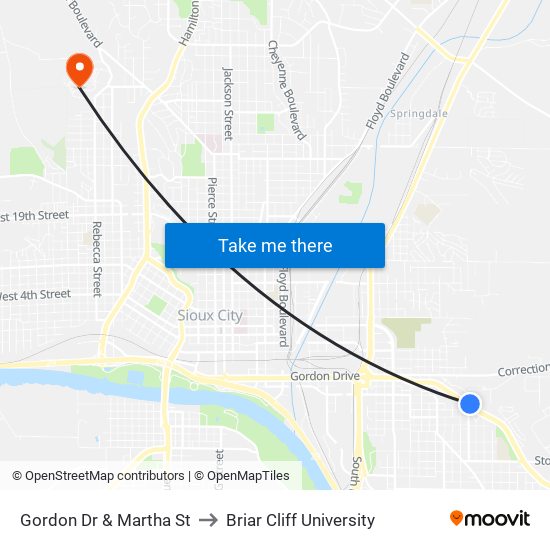 Gordon Dr & Martha St to Briar Cliff University map