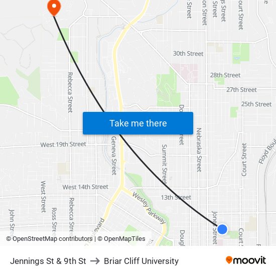 Jennings St & 9th St to Briar Cliff University map