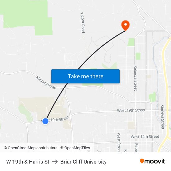 W 19th & Harris St to Briar Cliff University map