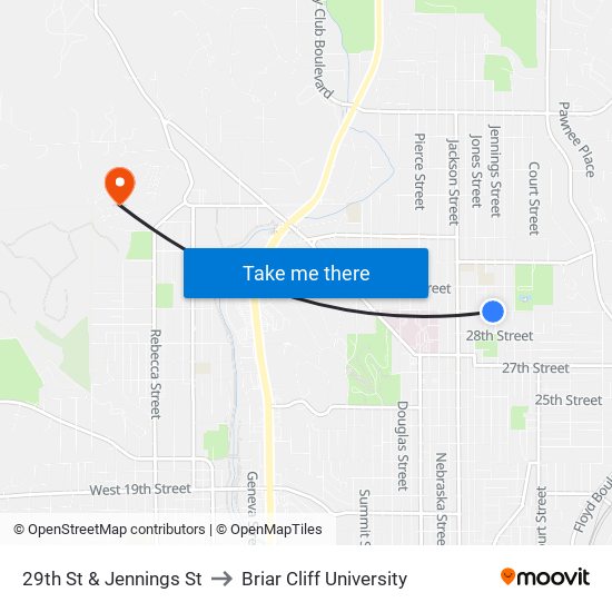 29th St & Jennings St to Briar Cliff University map