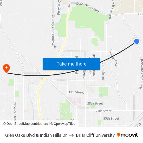 Glen Oaks Blvd & Indian Hills Dr to Briar Cliff University map