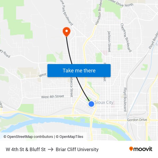 W 4th St & Bluff St to Briar Cliff University map