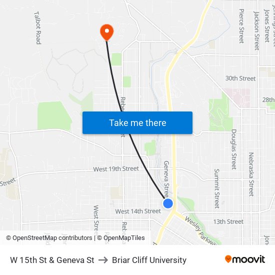 W 15th St & Geneva St to Briar Cliff University map