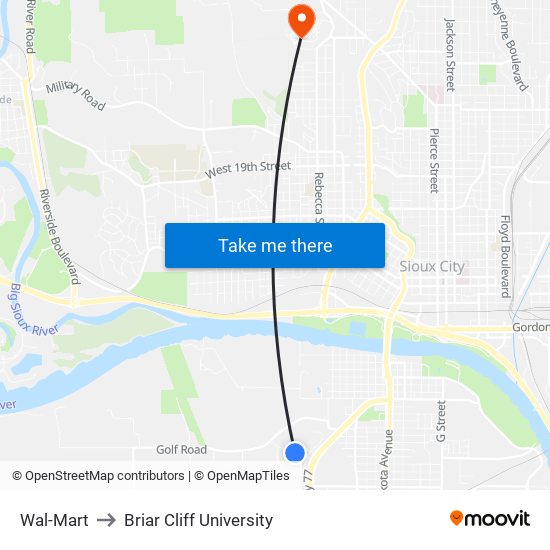 Wal-Mart to Briar Cliff University map