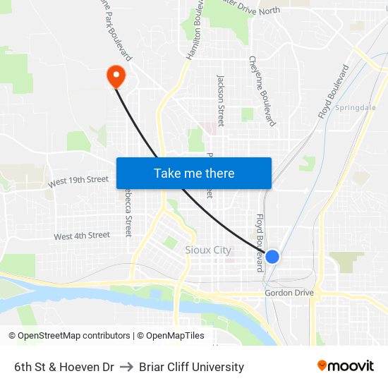 6th St & Hoeven Dr to Briar Cliff University map