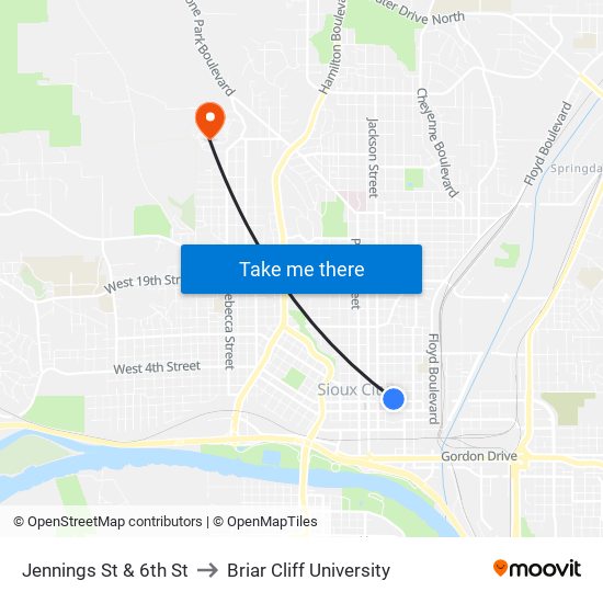 Jennings St & 6th St to Briar Cliff University map