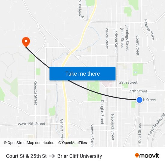 Court St & 25th St to Briar Cliff University map