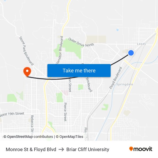 Monroe St & Floyd Blvd to Briar Cliff University map