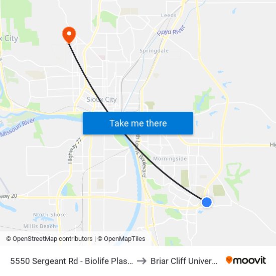 5550 Sergeant Rd - Biolife Plasma to Briar Cliff University map