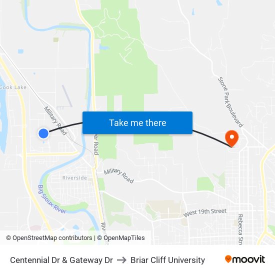 Centennial Dr & Gateway Dr to Briar Cliff University map