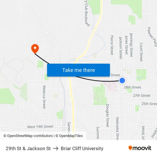 29th St & Jackson St to Briar Cliff University map