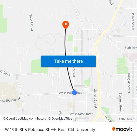 W 19th St & Rebecca St to Briar Cliff University map