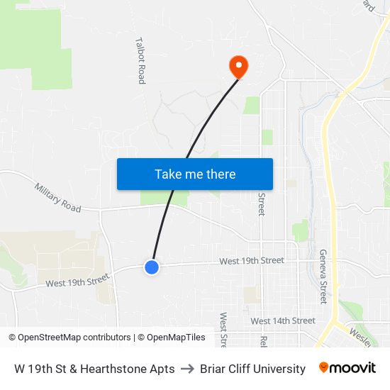 W 19th St & Hearthstone Apts to Briar Cliff University map