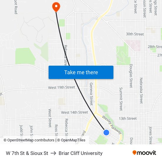 W 7th St & Sioux St to Briar Cliff University map