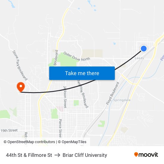 44th St & Fillmore St to Briar Cliff University map