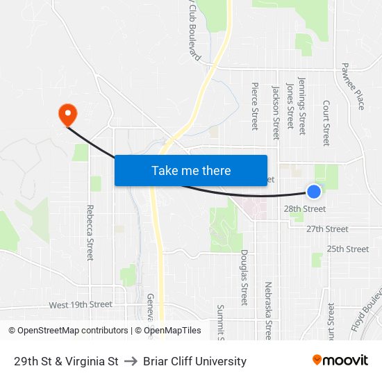 29th St & Virginia St to Briar Cliff University map
