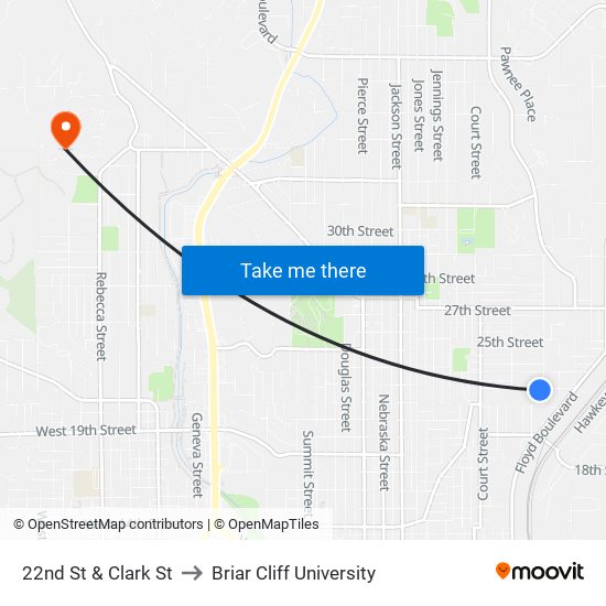 22nd St & Clark St to Briar Cliff University map