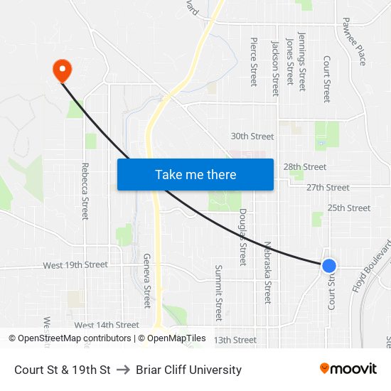 Court St & 19th St to Briar Cliff University map