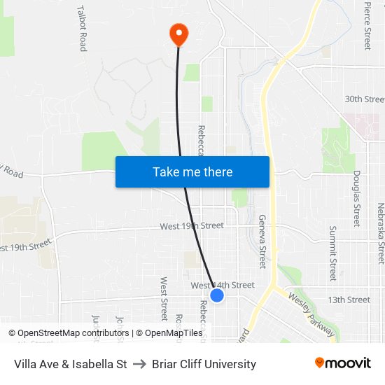 Villa Ave & Isabella St to Briar Cliff University map