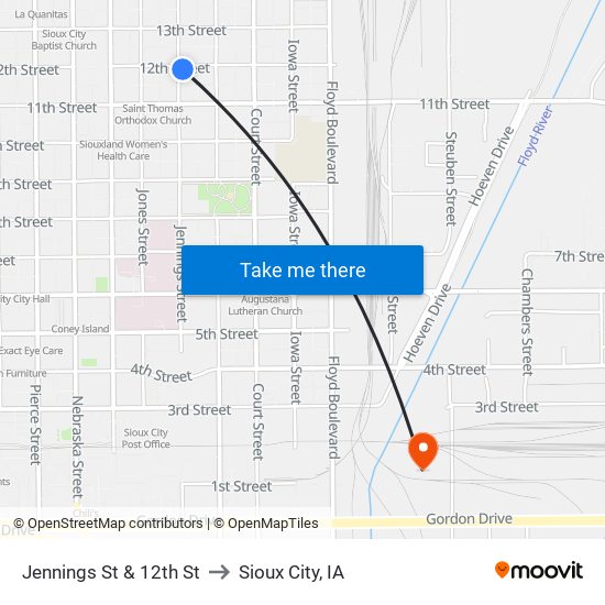 Jennings St & 12th St to Sioux City, IA map