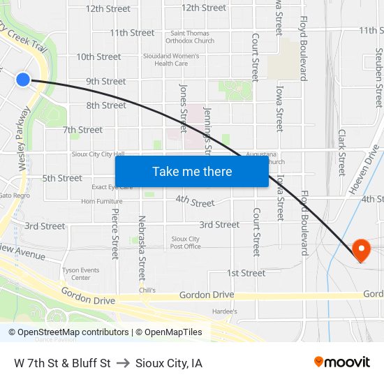 W 7th St & Bluff St to Sioux City, IA map