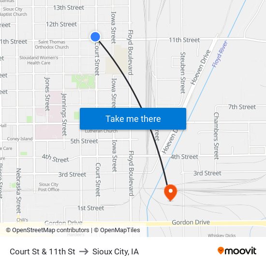 Court St & 11th St to Sioux City, IA map