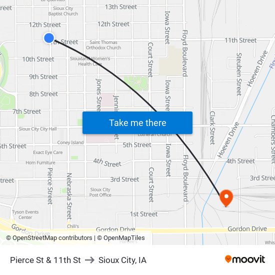 Pierce St & 11th St to Sioux City, IA map