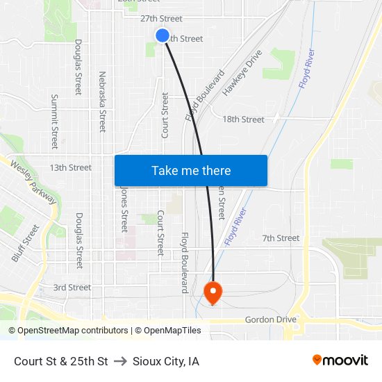 Court St & 25th St to Sioux City, IA map
