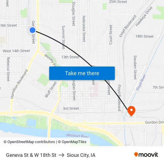 Geneva St & W 18th St to Sioux City, IA map