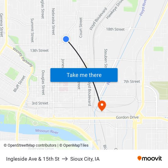 Ingleside Ave & 15th St to Sioux City, IA map