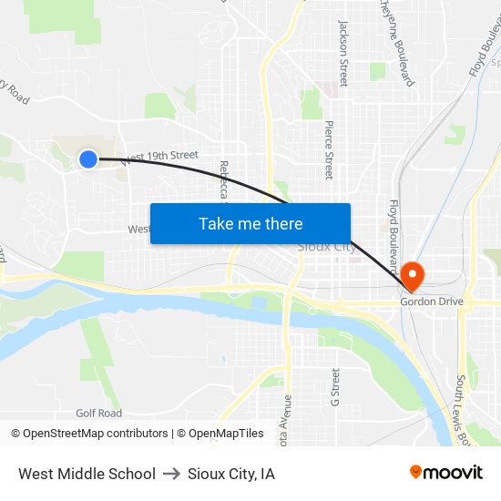 West Middle School to Sioux City, IA map