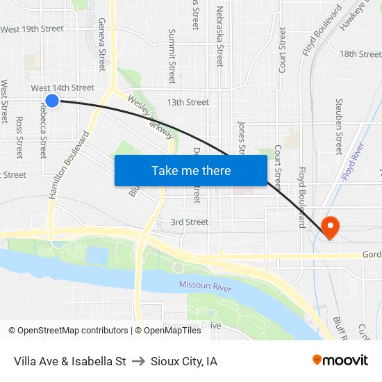 Villa Ave & Isabella St to Sioux City, IA map
