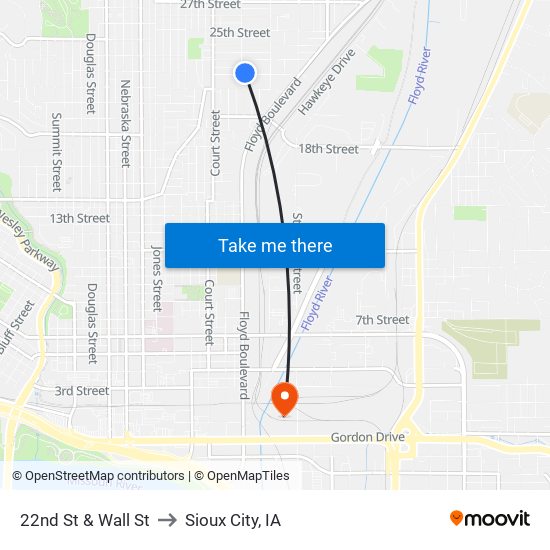 22nd St & Wall St to Sioux City, IA map