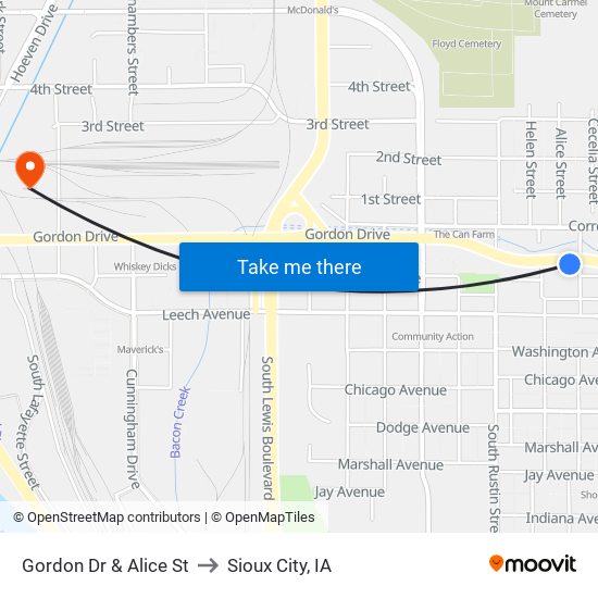 Gordon Dr & Alice St to Sioux City, IA map